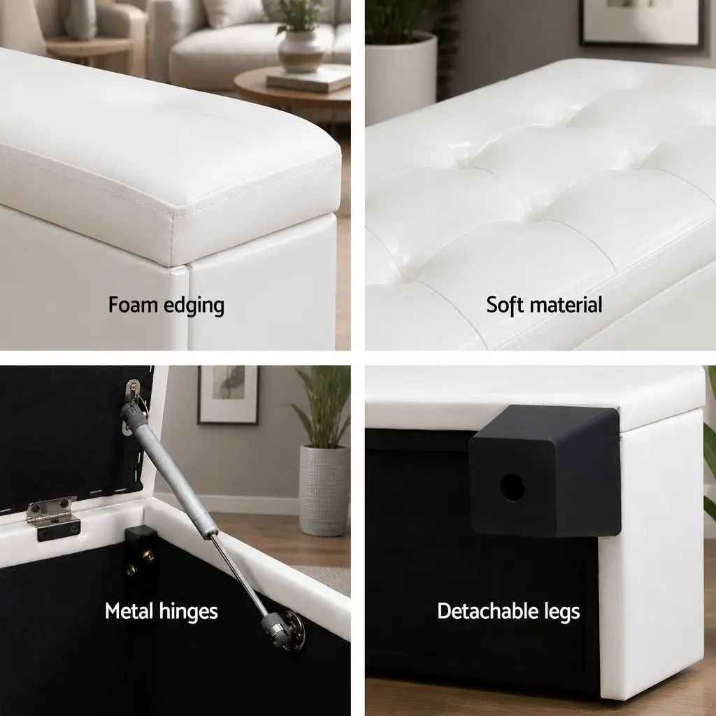 Storage Ottoman Blanket Box 97cm Lift-Up Lid White Faux Leather Footstool