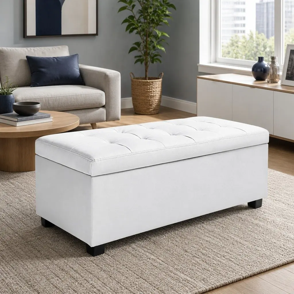 Storage Ottoman Blanket Box 97cm Lift-Up Lid White Faux Leather Footstool