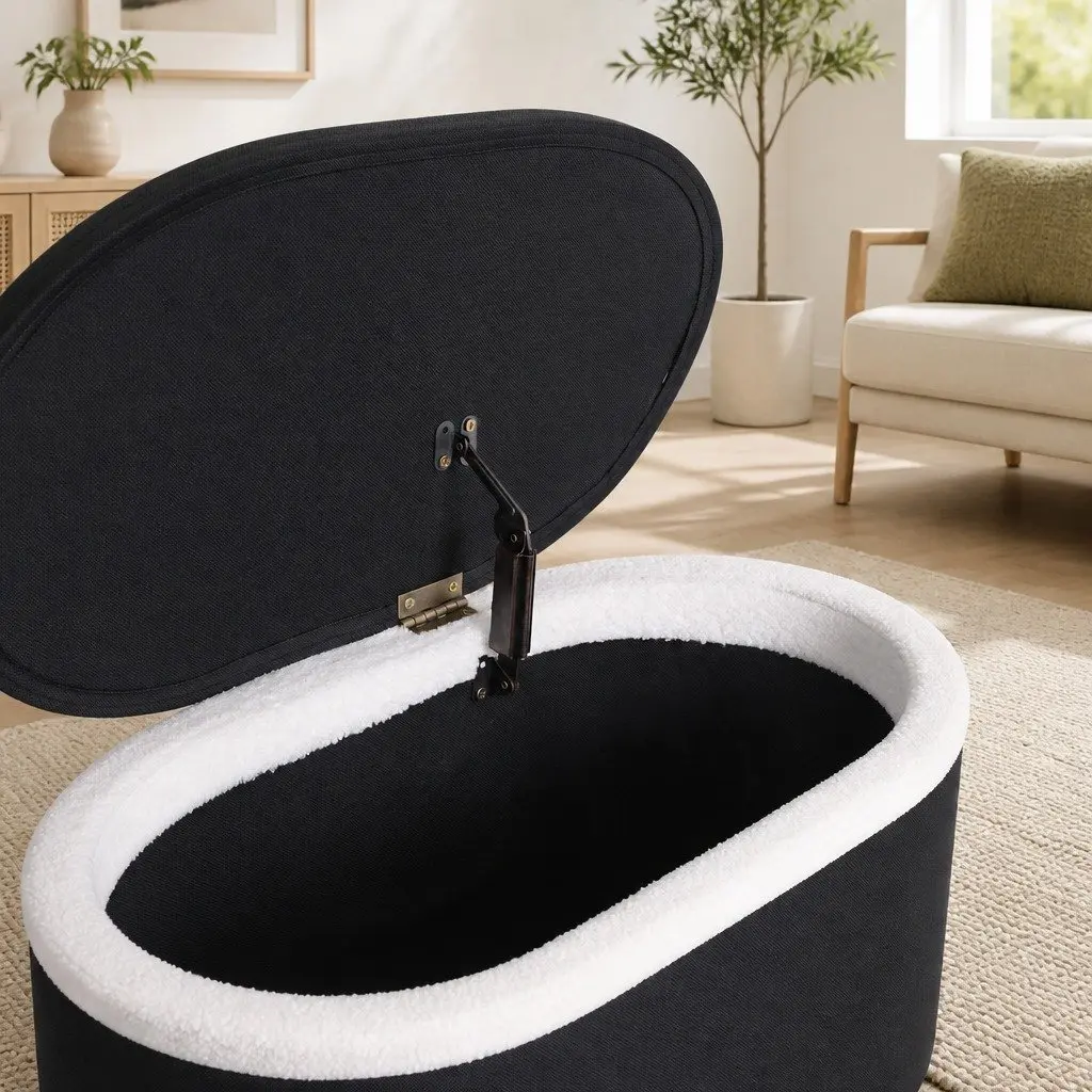 87cm Oval Storage Ottoman in White Boucle