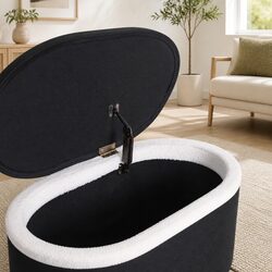 Comfortable 87cm Oval Storage Ottoman in White Boucle