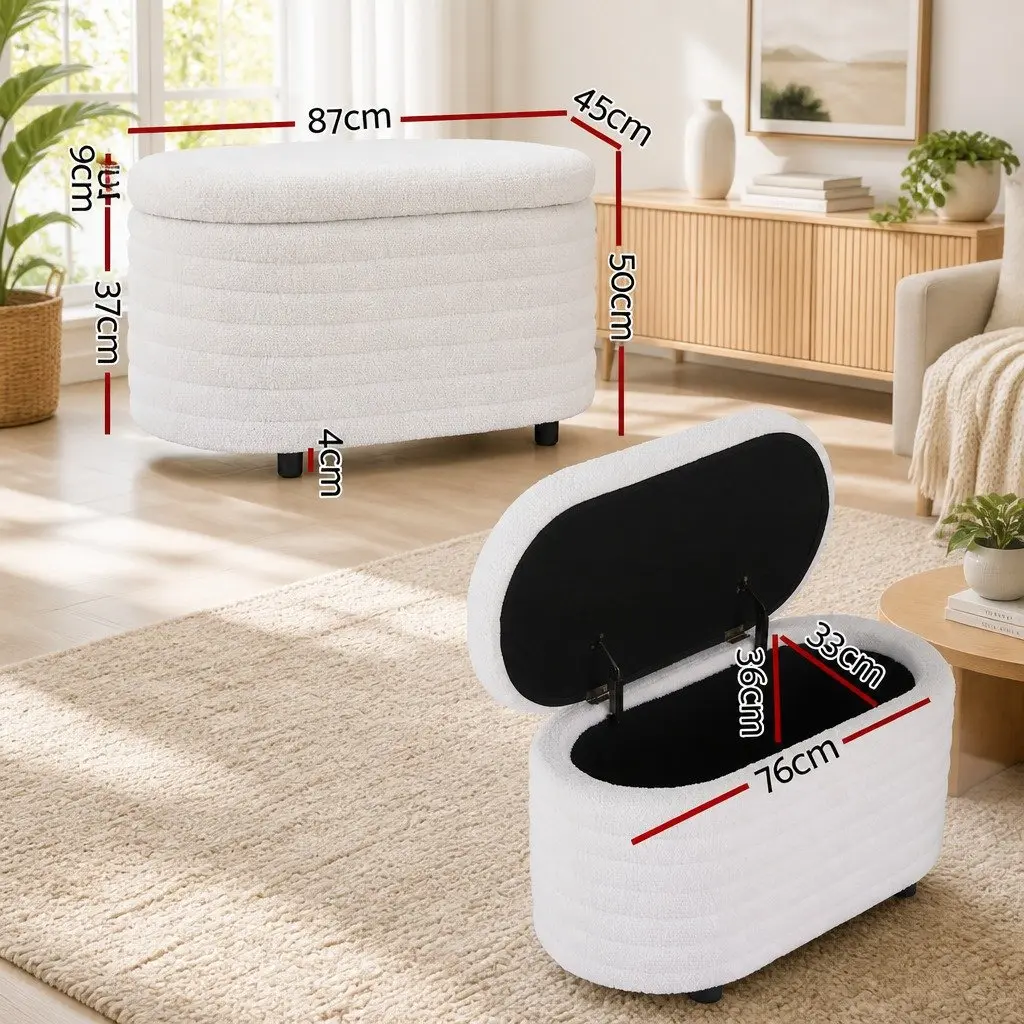 Storage Ottoman Blanket Box 87cm Oval Boucle Upholstered Hinged Lid Footstool White