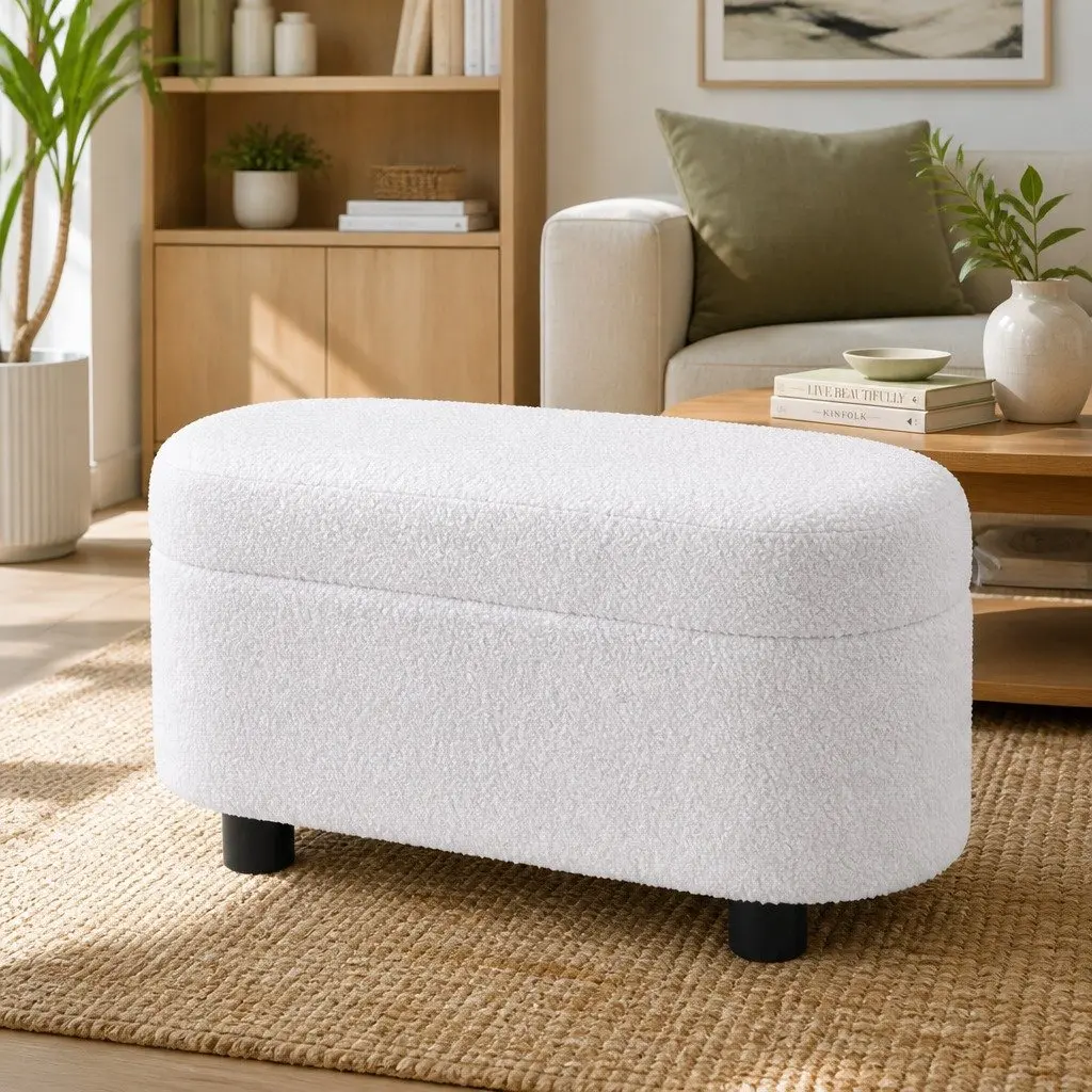 Storage Ottoman Blanket Box 87cm Oval Boucle Upholstered Hinged Lid Footstool White