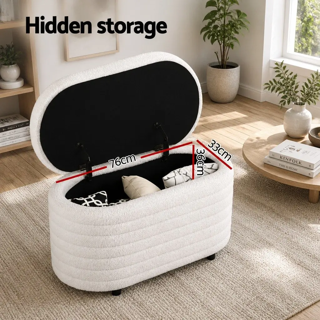 Storage Ottoman Blanket Box 87cm Oval Boucle Upholstered Hinged Lid Footstool White