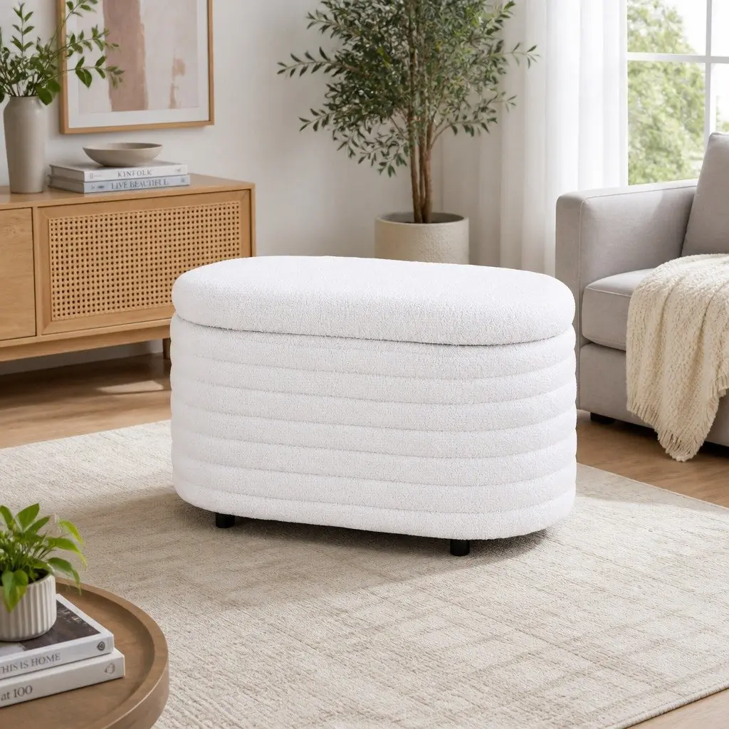 Storage Ottoman Blanket Box 87cm Oval Boucle Upholstered Hinged Lid Footstool White