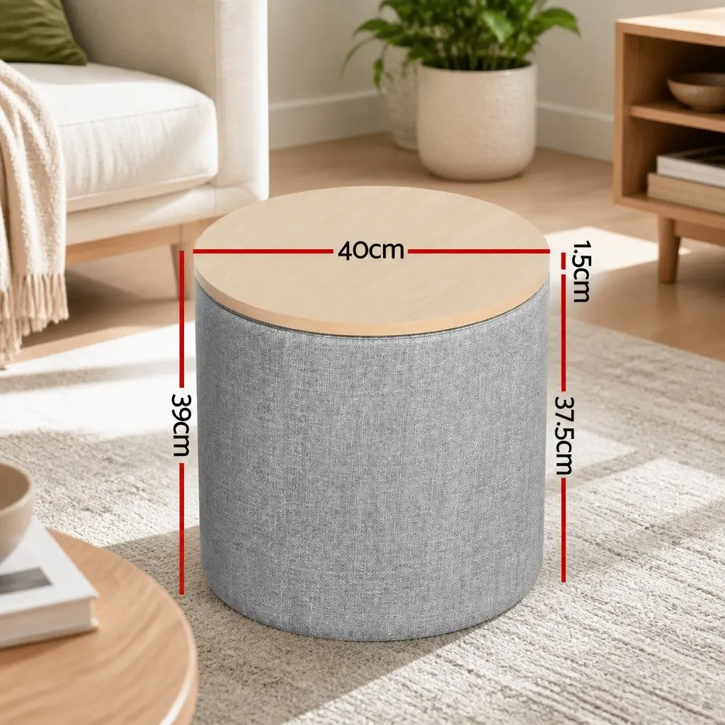 Round Storage Ottoman Footstool Concealed Storage Space Removable Lid Grey Pine 40cm