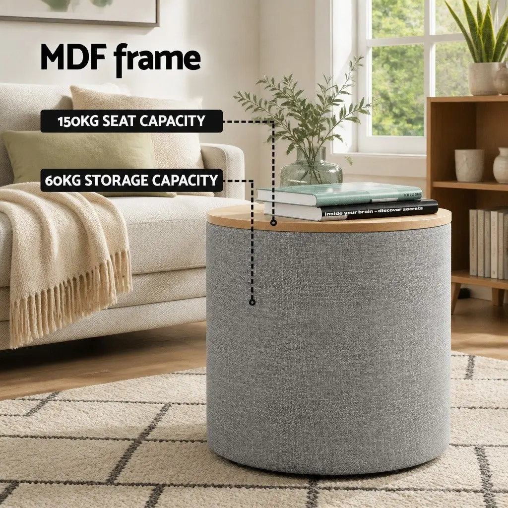 Round Storage Ottoman Footstool Concealed Storage Space Removable Lid Grey Pine 40cm