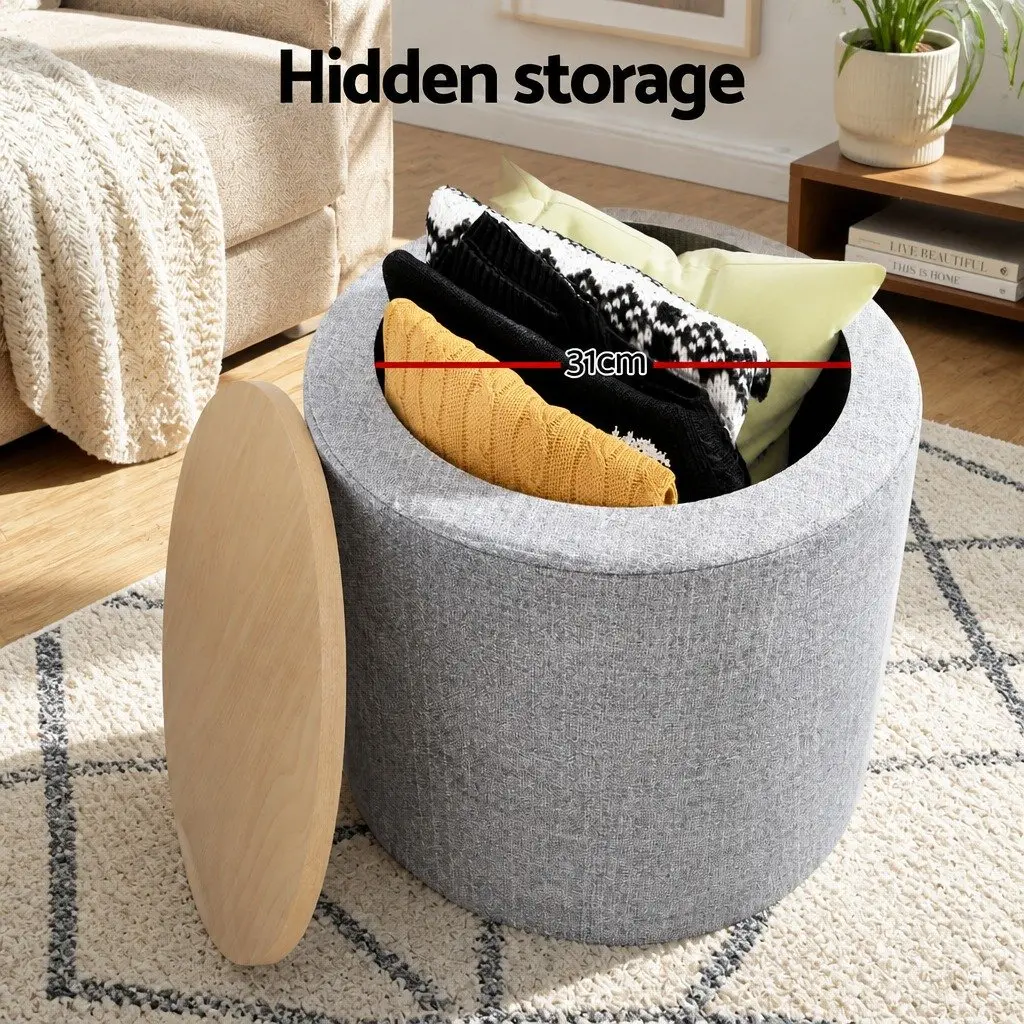 Round Storage Ottoman Footstool Concealed Storage Space Removable Lid Grey Pine 40cm