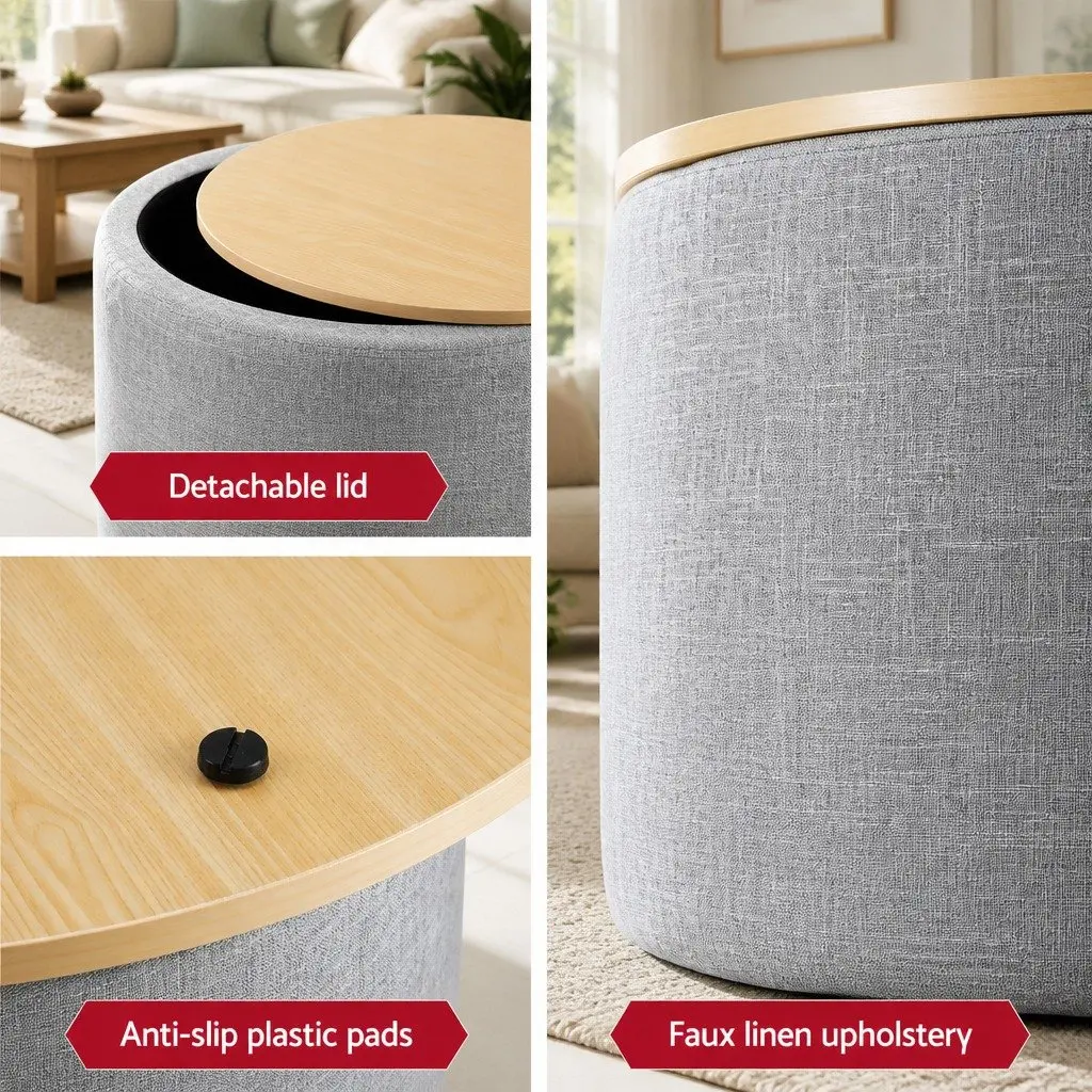 Round Storage Ottoman Footstool Concealed Storage Space Removable Lid Grey Pine 40cm