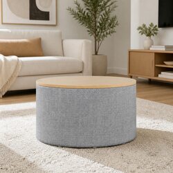 Round Storage Ottoman Blanket Box 60cm Faux Linen Upholstered Footstool Grey