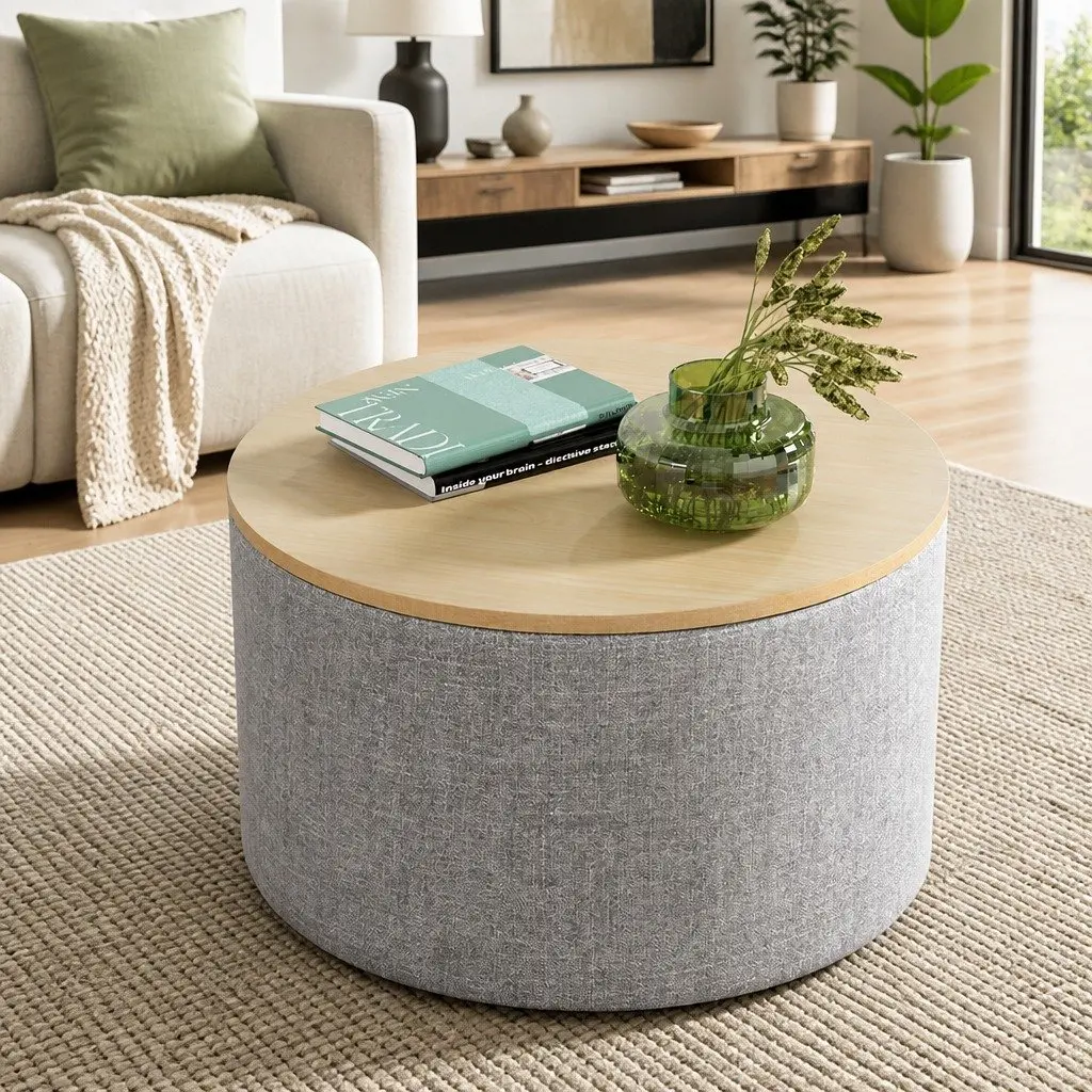 Round Storage Ottoman Blanket Box 60cm Faux Linen Upholstered Footstool Grey