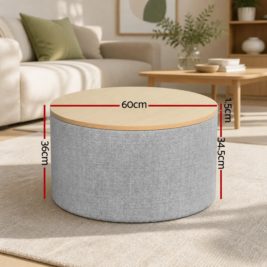 Round Storage Ottoman Blanket Box 60cm Faux Linen Upholstered Footstool Grey