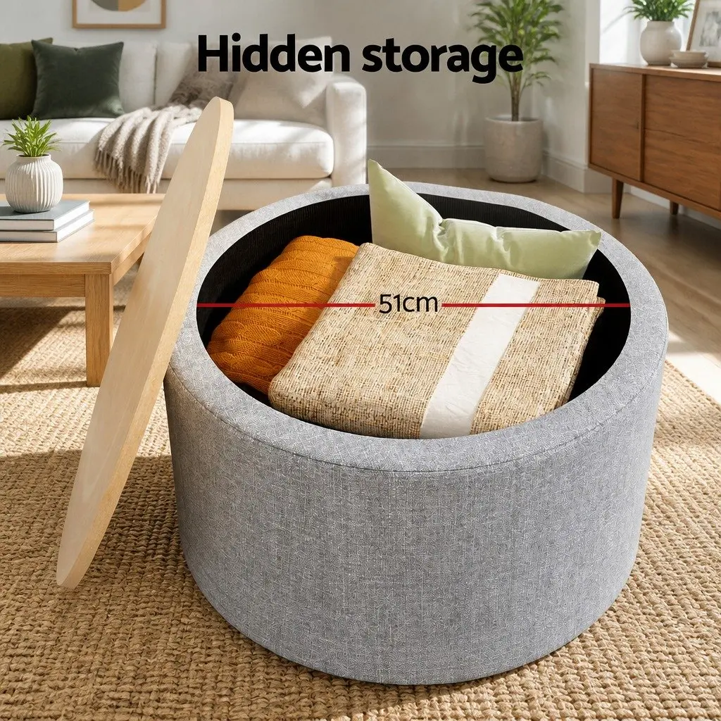 Round Storage Ottoman Blanket Box 60cm Faux Linen Upholstered Footstool Grey