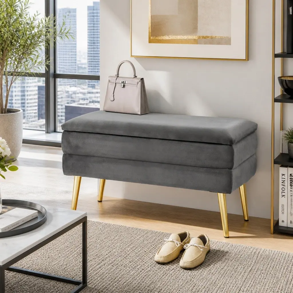 Storage Ottoman Grey Velvet Hinged Lid Plywood Frame Metal Legs