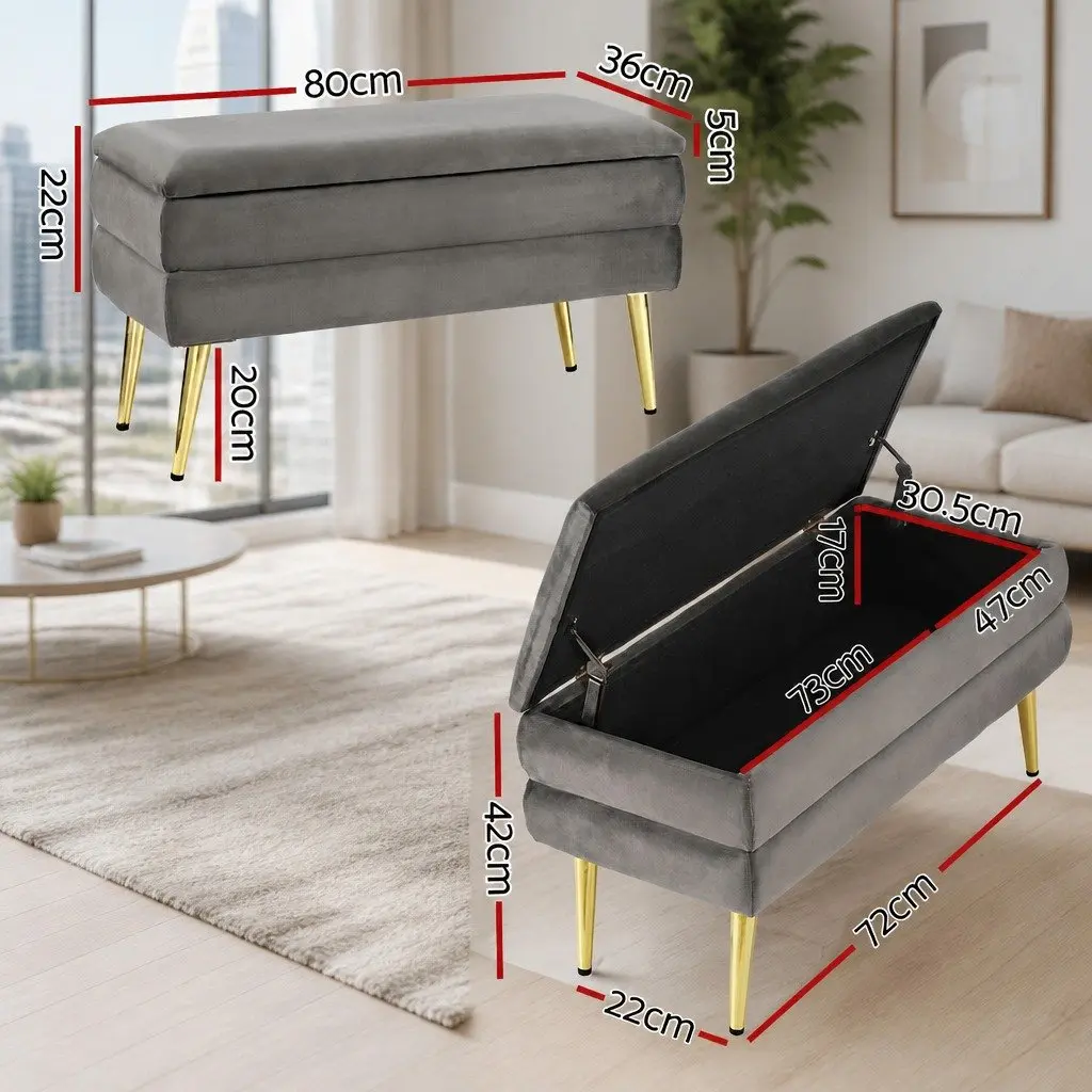 Storage Ottoman Grey Velvet Hinged Lid Plywood Frame Metal Legs