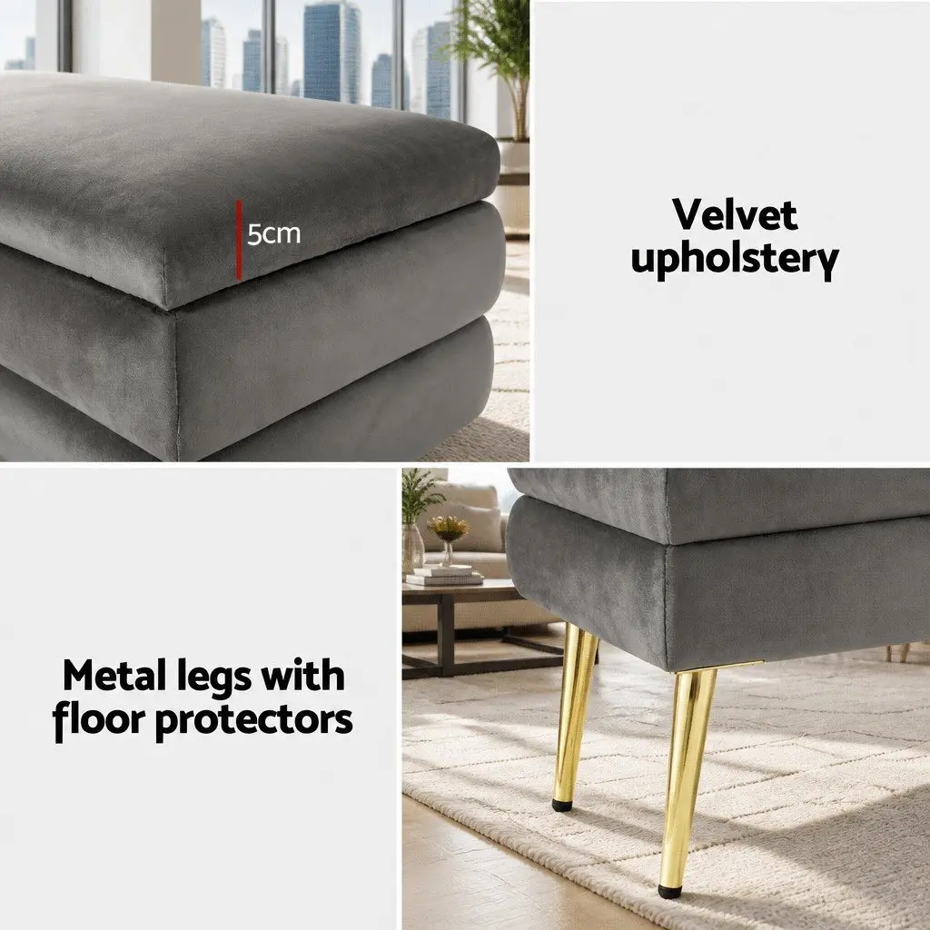 Storage Ottoman Grey Velvet Hinged Lid Plywood Frame Metal Legs