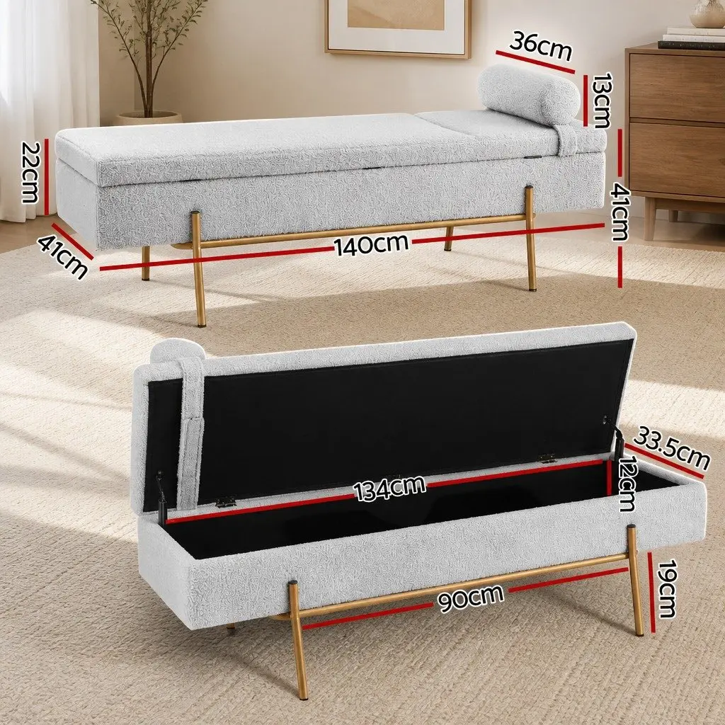 Storage Ottoman Bed 140cm Grey Boucle Detachable Pillow Footstool Hidden Storage