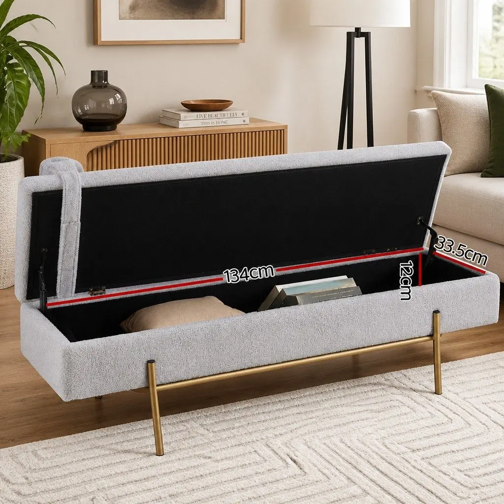 Storage Ottoman Bed 140cm Grey Boucle Detachable Pillow Footstool Hidden Storage