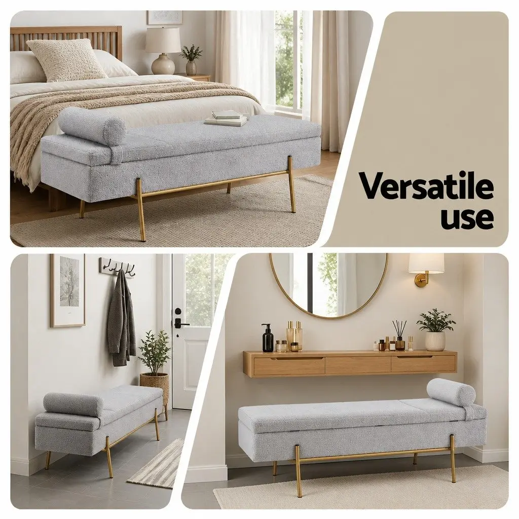 Storage Ottoman Bed 140cm Grey Boucle Detachable Pillow Footstool Hidden Storage