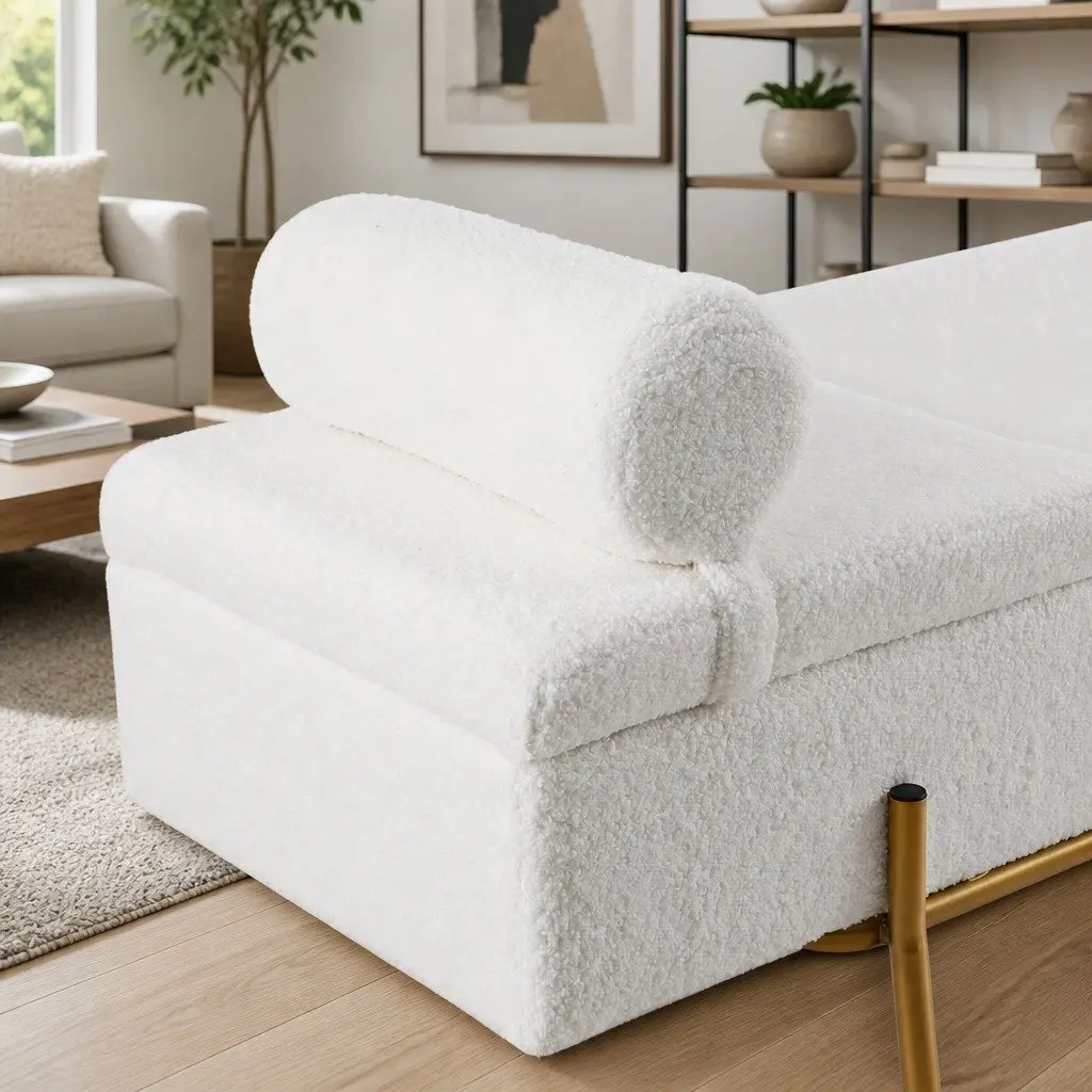 Storage Ottoman 140cm Hidden Compartment White Boucle Fabric Pillow