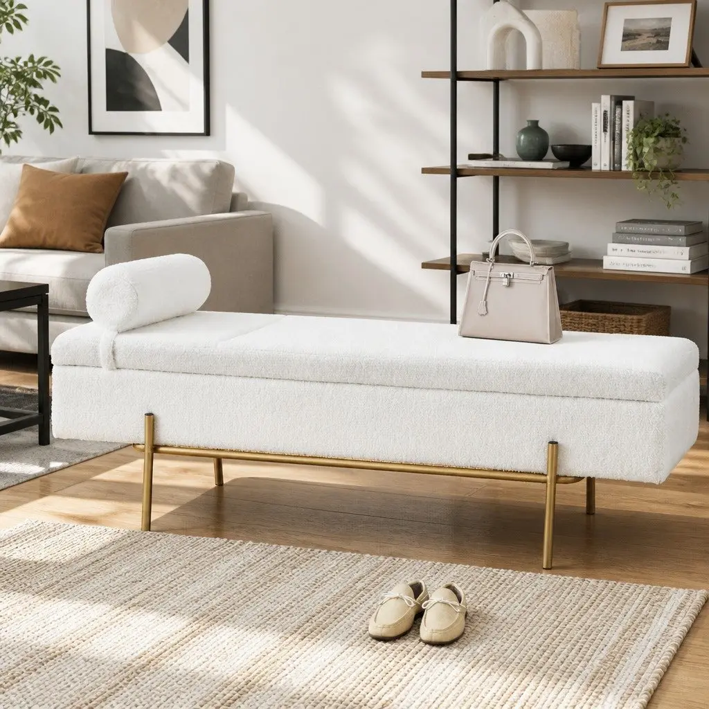 Storage Ottoman 140cm Hidden Compartment White Boucle Fabric Pillow
