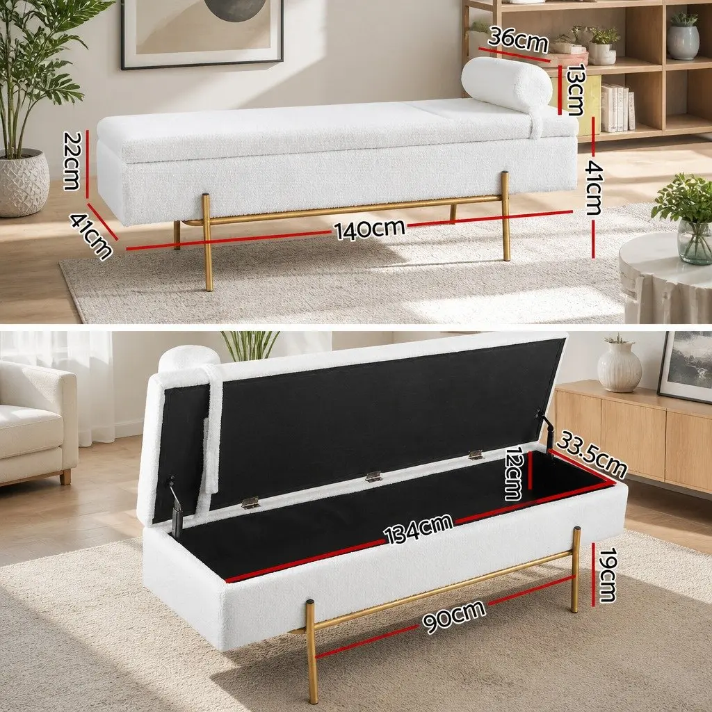 Storage Ottoman 140cm Hidden Compartment White Boucle Fabric Pillow