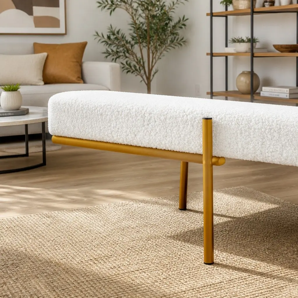 Storage Ottoman 140cm Hidden Compartment White Boucle Fabric Pillow