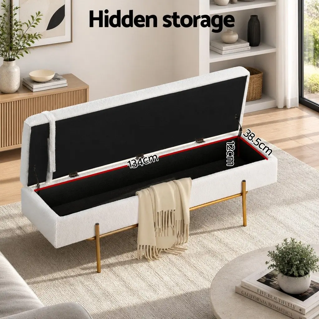 Storage Ottoman 140cm Hidden Compartment White Boucle Fabric Pillow