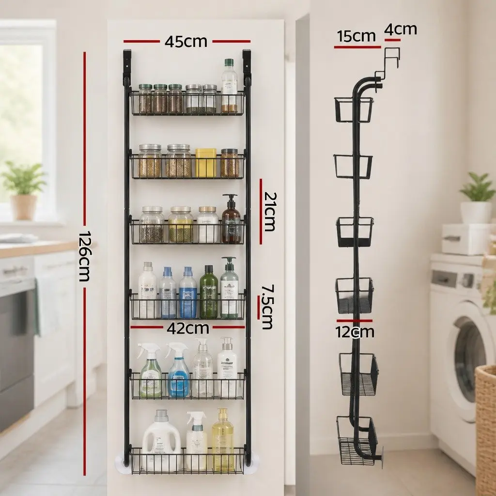 Over Door Storage Organiser 6-Tier Metal Rack Hanger Hook Black Set of 2
