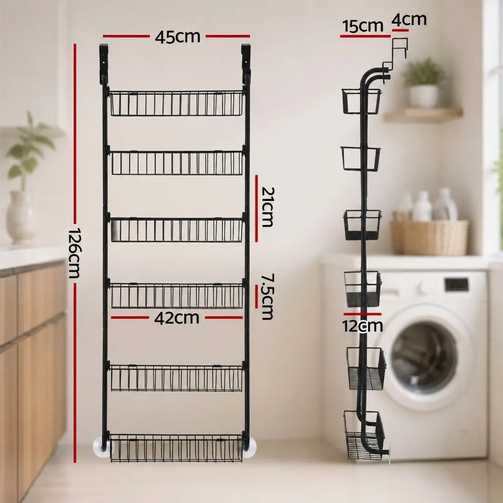 6-Tier Metal Wall Rack Over-Door Storage Organiser Space Saver Black