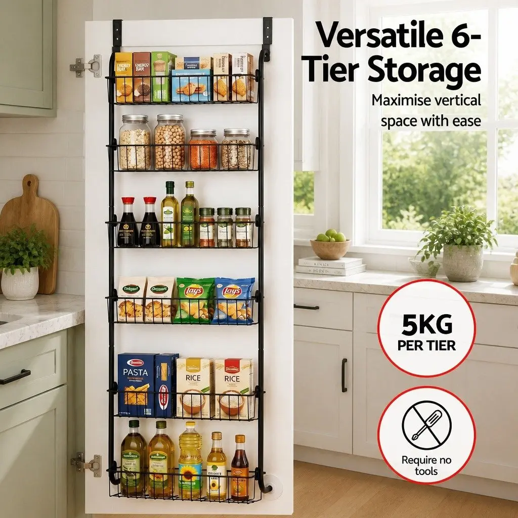6-Tier Metal Wall Rack Over-Door Storage Organiser Space Saver Black