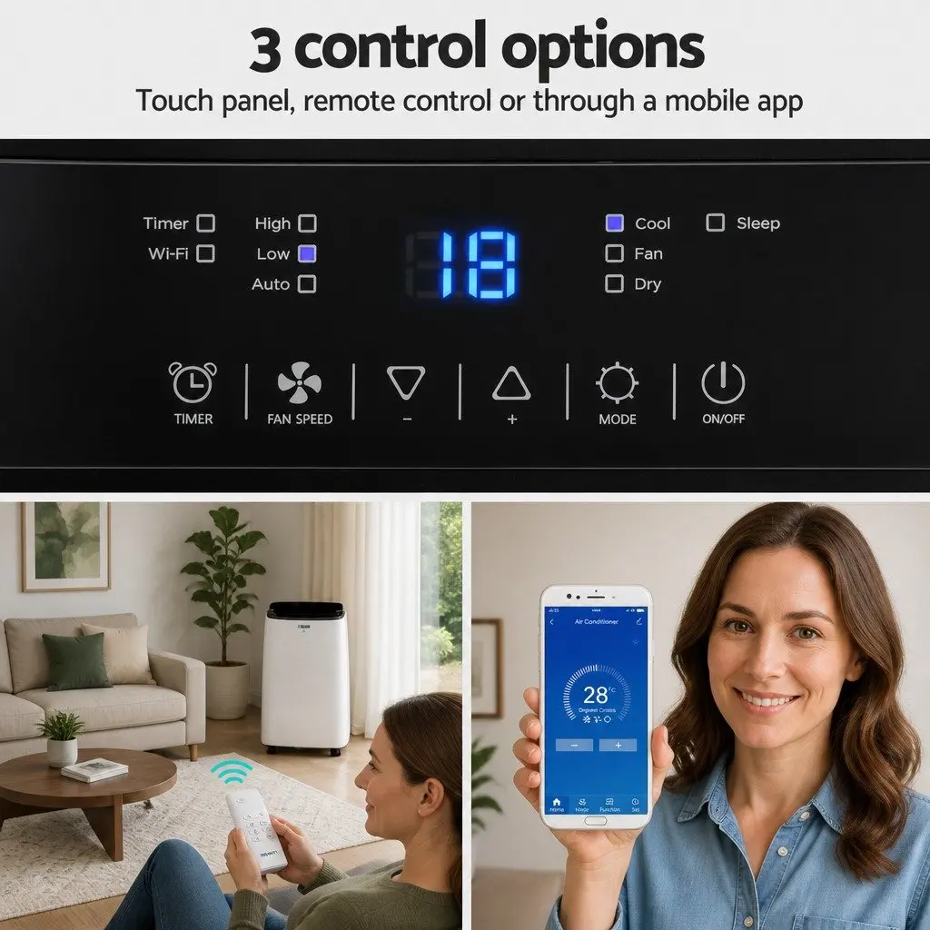 Portable Air Conditioner 7000BTU WiFi Smart Remote Control 3-in-1 Cool Fan Dry White