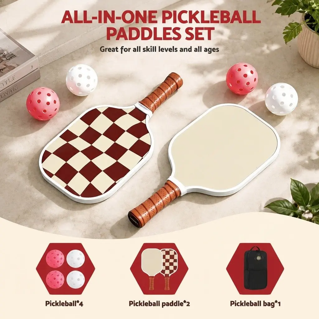 Pickleball Paddle Set Honeycomb Core Fibreglass Racquet Burgundy 2 Paddles 4 Balls Carry Bag