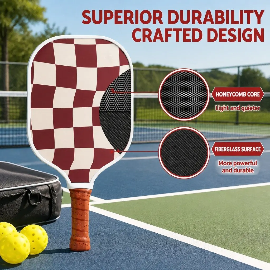 Pickleball Paddle Set Honeycomb Core Fibreglass Racquet Burgundy 2 Paddles 4 Balls Carry Bag