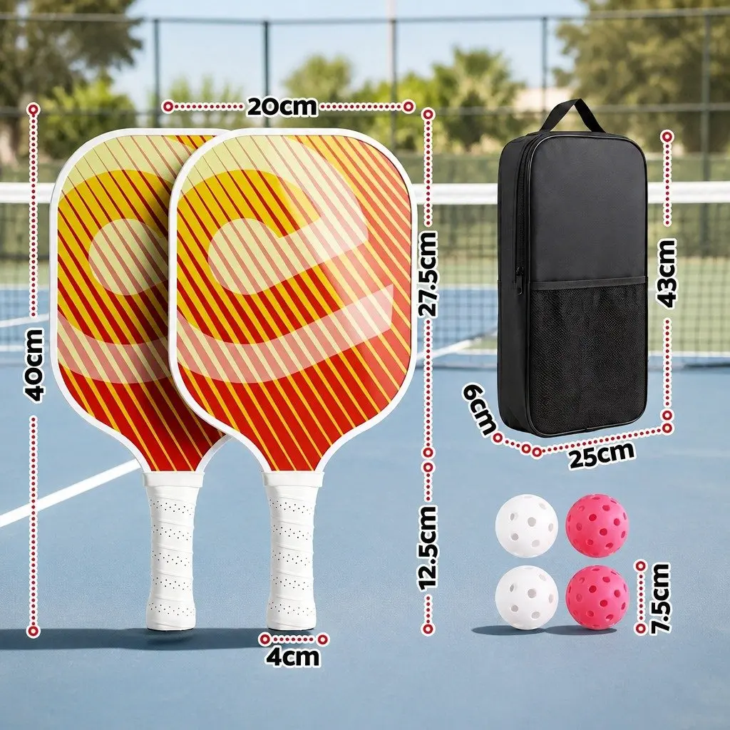 Pickleball Paddle Set Honeycomb Core Fibreglass Racquet Orange 2 Paddles 4 Balls with Bag