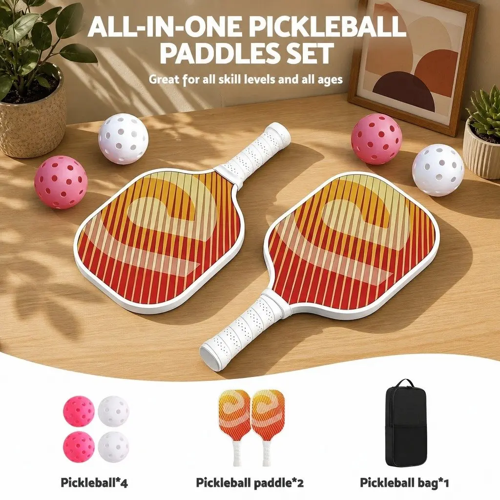 Pickleball Paddle Set Honeycomb Core Fibreglass Racquet Orange 2 Paddles 4 Balls with Bag