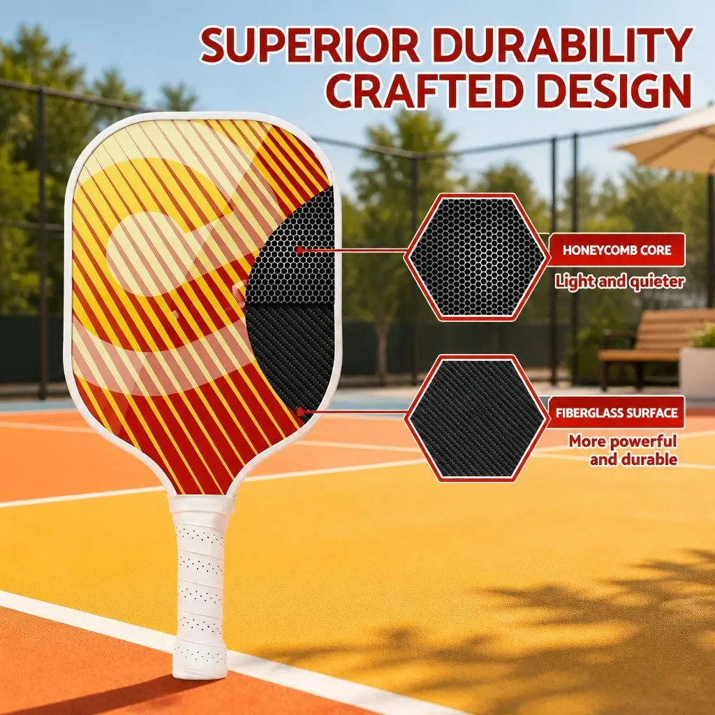 Pickleball Paddle Set Honeycomb Core Fibreglass Racquet Orange 2 Paddles 4 Balls with Bag