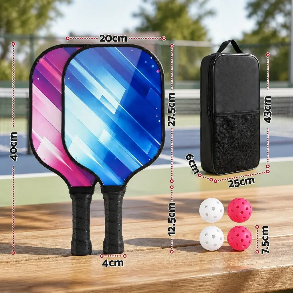 Pickleball Paddle Set Honeycomb Core Fibreglass Racquet 2 Paddles 4 Balls Storage Bag Blue Purple