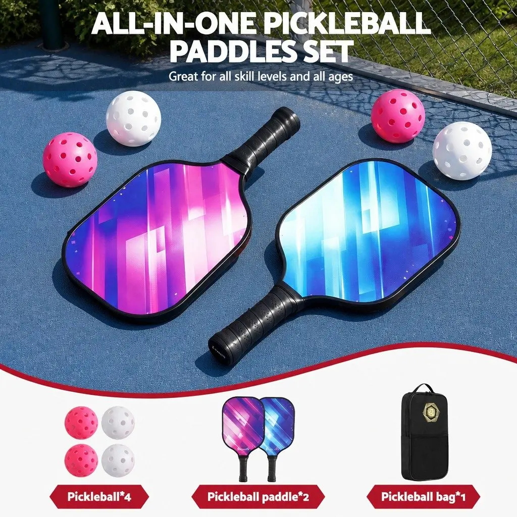Pickleball Paddle Set Honeycomb Core Fibreglass Racquet 2 Paddles 4 Balls Storage Bag Blue Purple
