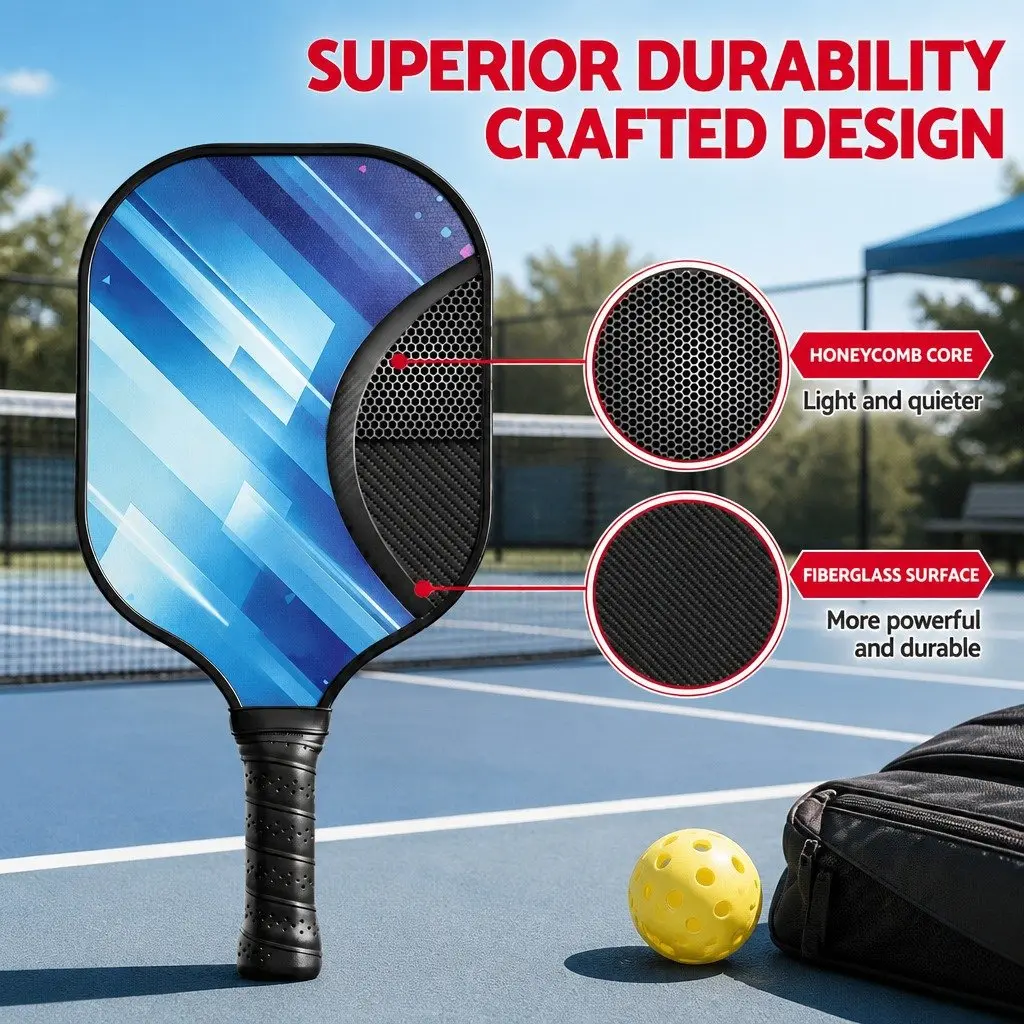 Pickleball Paddle Set Honeycomb Core Fibreglass Racquet 2 Paddles 4 Balls Storage Bag Blue Purple