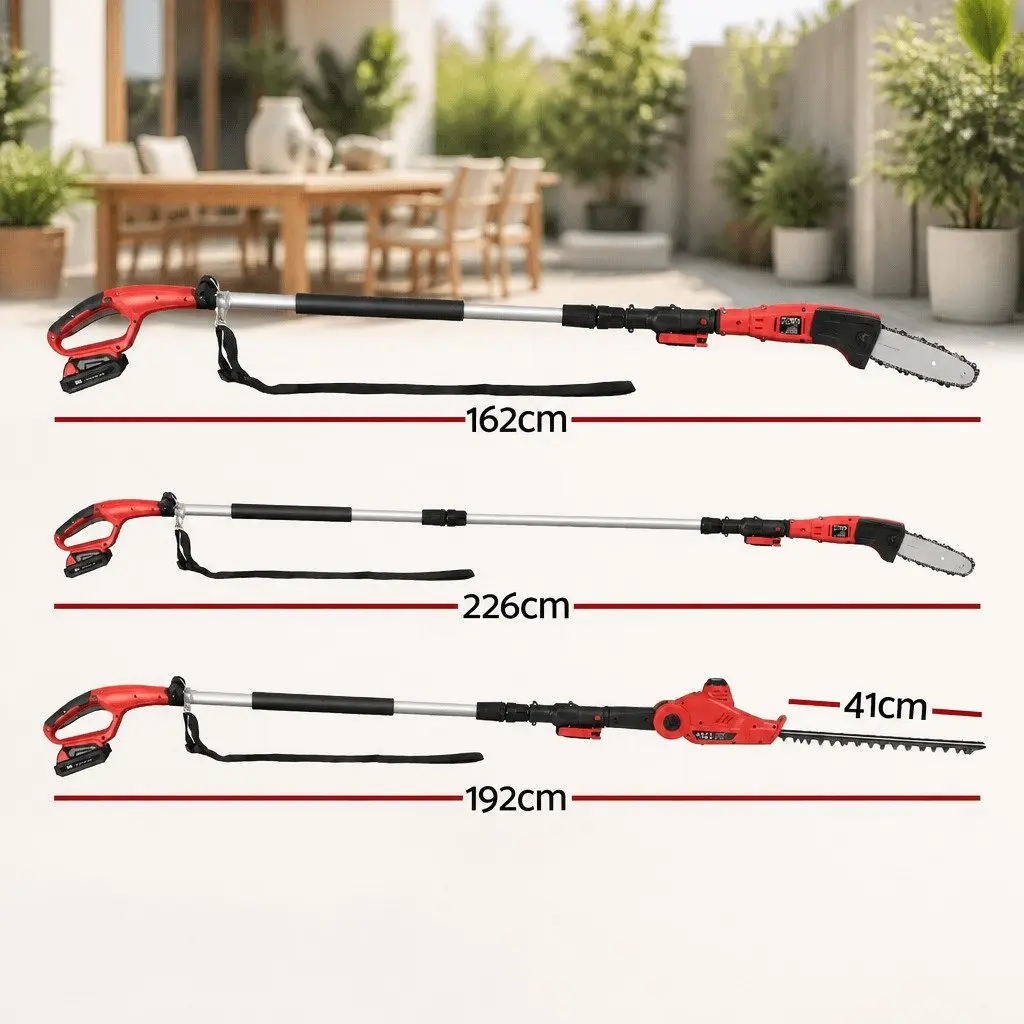 Cordless Chainsaw Trimmer 20V Lithium Battery 8 Inch Cutting 2.7m Reach Red