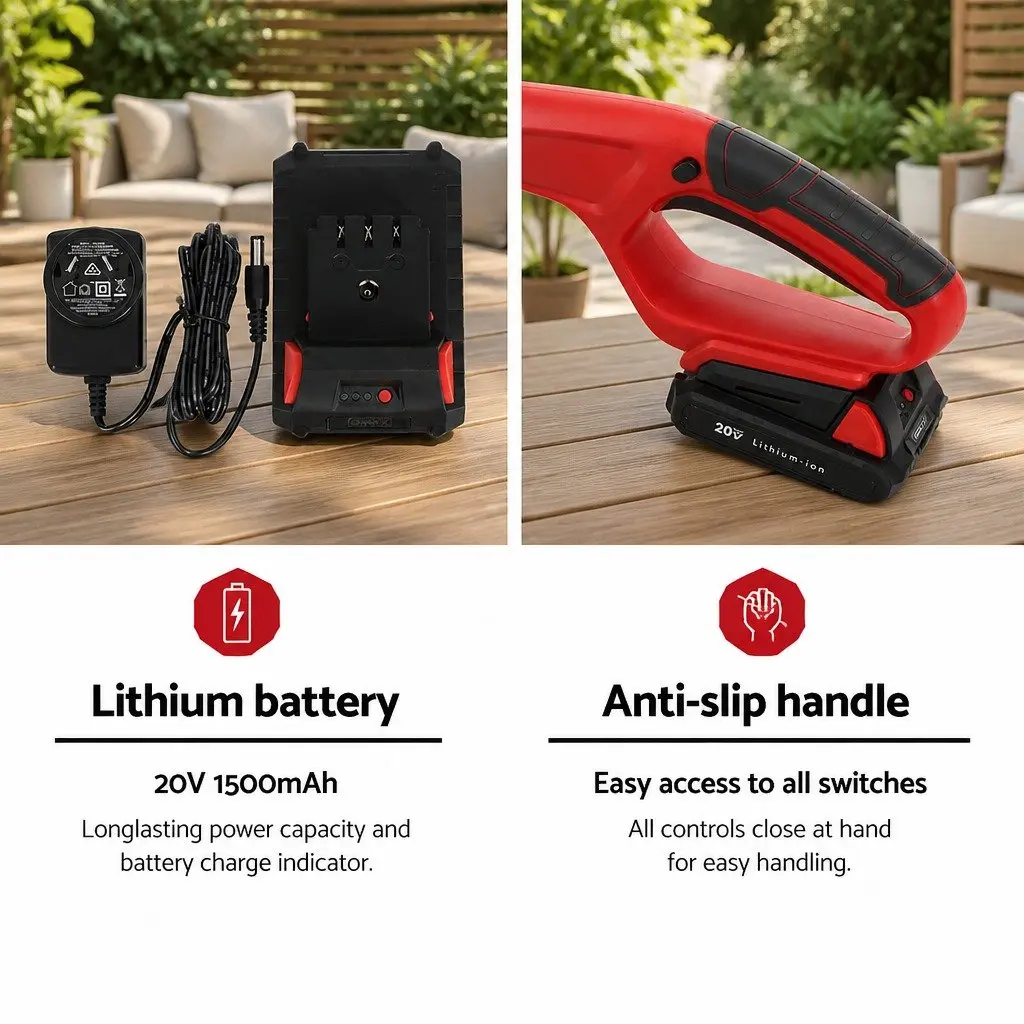 Cordless Chainsaw Trimmer 20V Lithium Battery 8 Inch Cutting 2.7m Reach Red