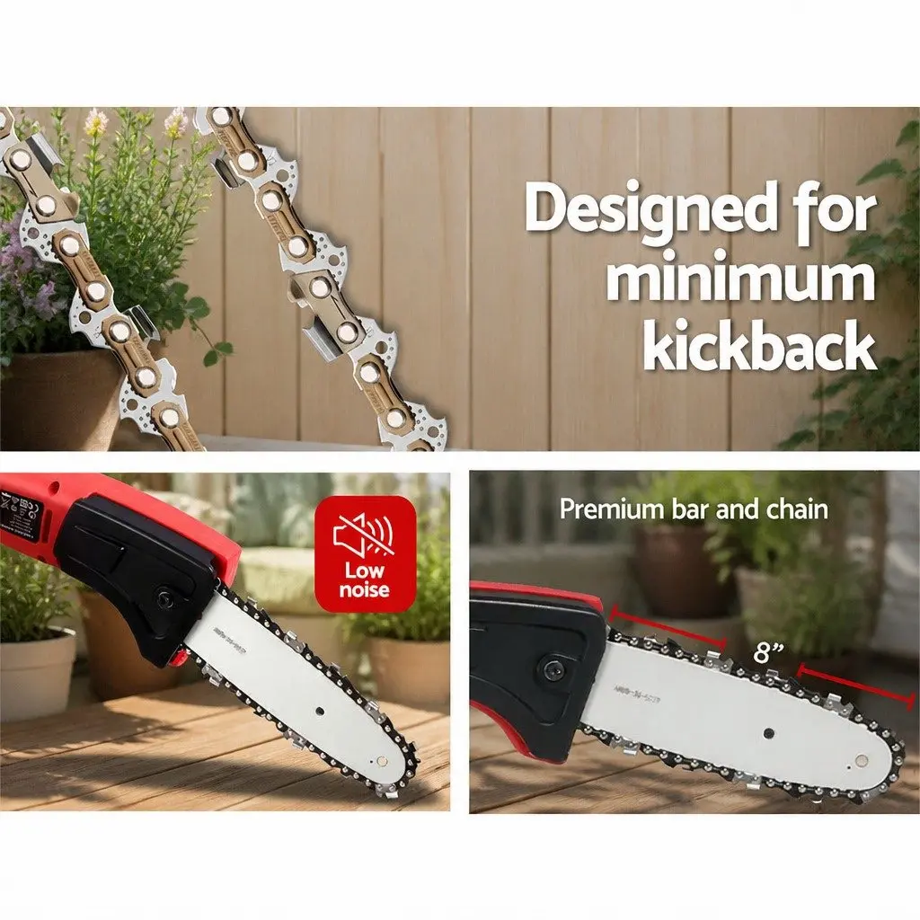 Cordless Chainsaw Trimmer 20V Lithium Battery 8 Inch Cutting 2.7m Reach Red