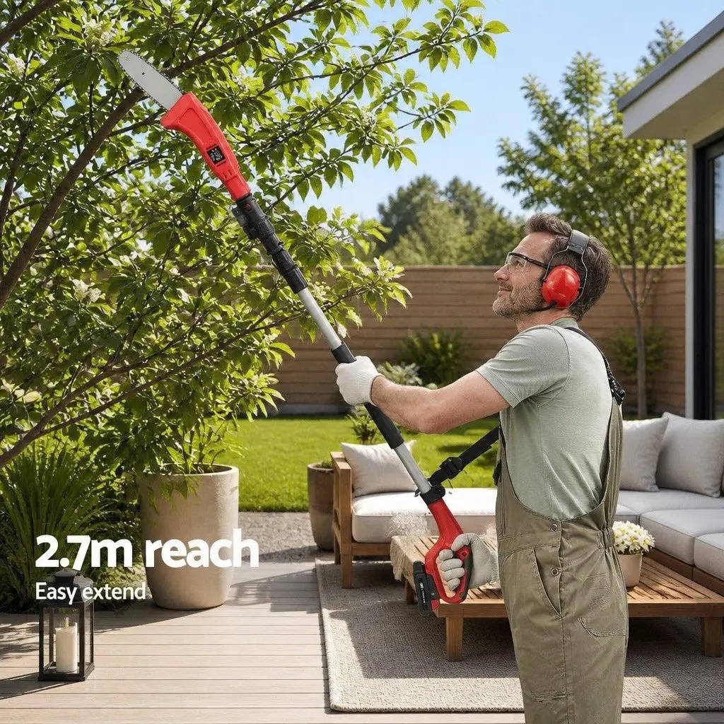 Cordless Pole Chainsaw Electric Pruner 8 Inch Bar 20V Lithium Battery Red