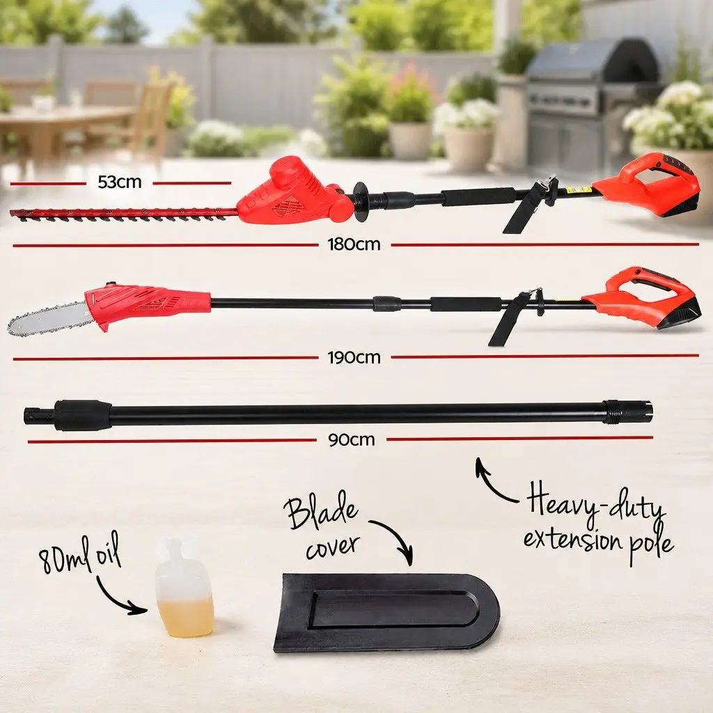 Cordless Pole Chainsaw Hedge Trimmer 2in1 8 Inch 20V Battery Red Black 2.7m Reach
