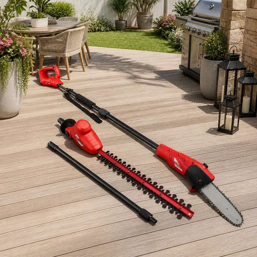 Cordless Pole Chainsaw Hedge Trimmer 2in1 8 Inch 20V Battery Red Black 2.7m Reach