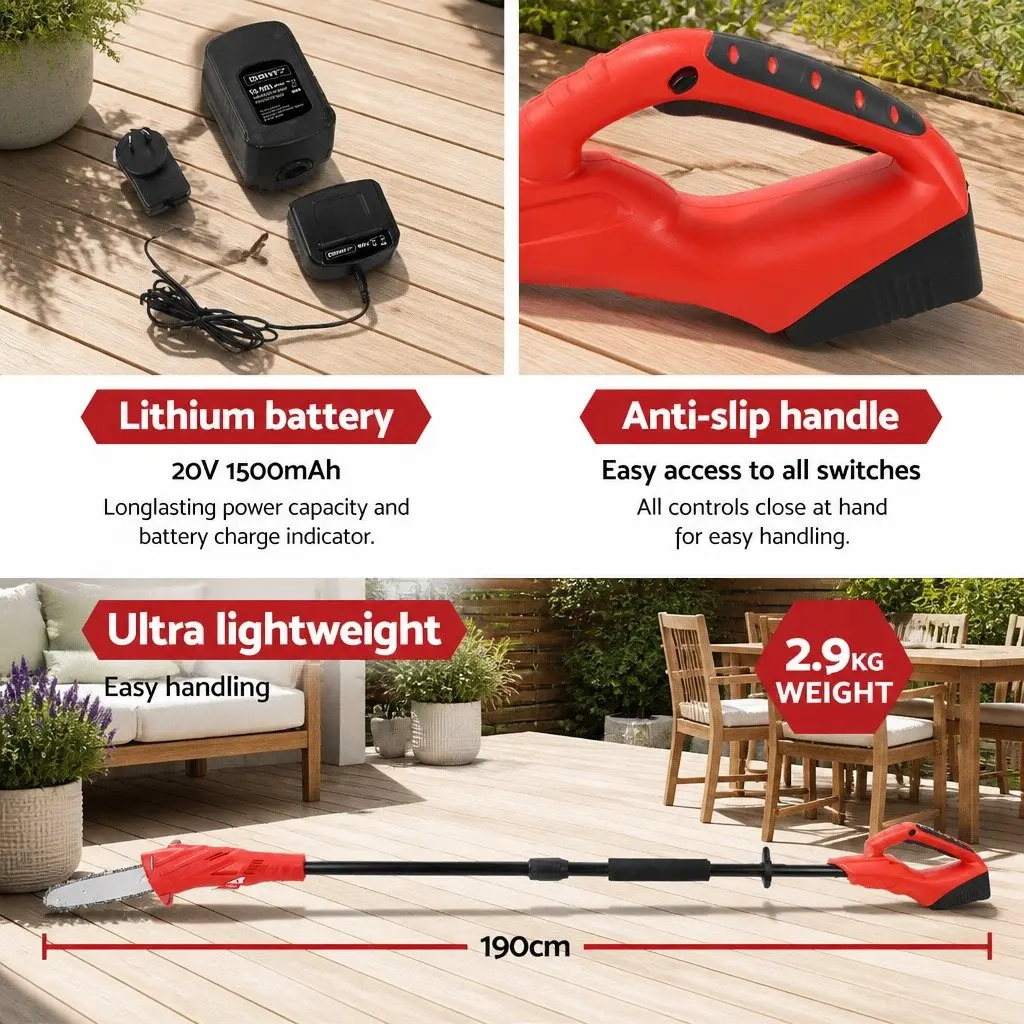Cordless Pole Chainsaw 20V Lithium Battery 8 Inch Electric Pruner Red Black