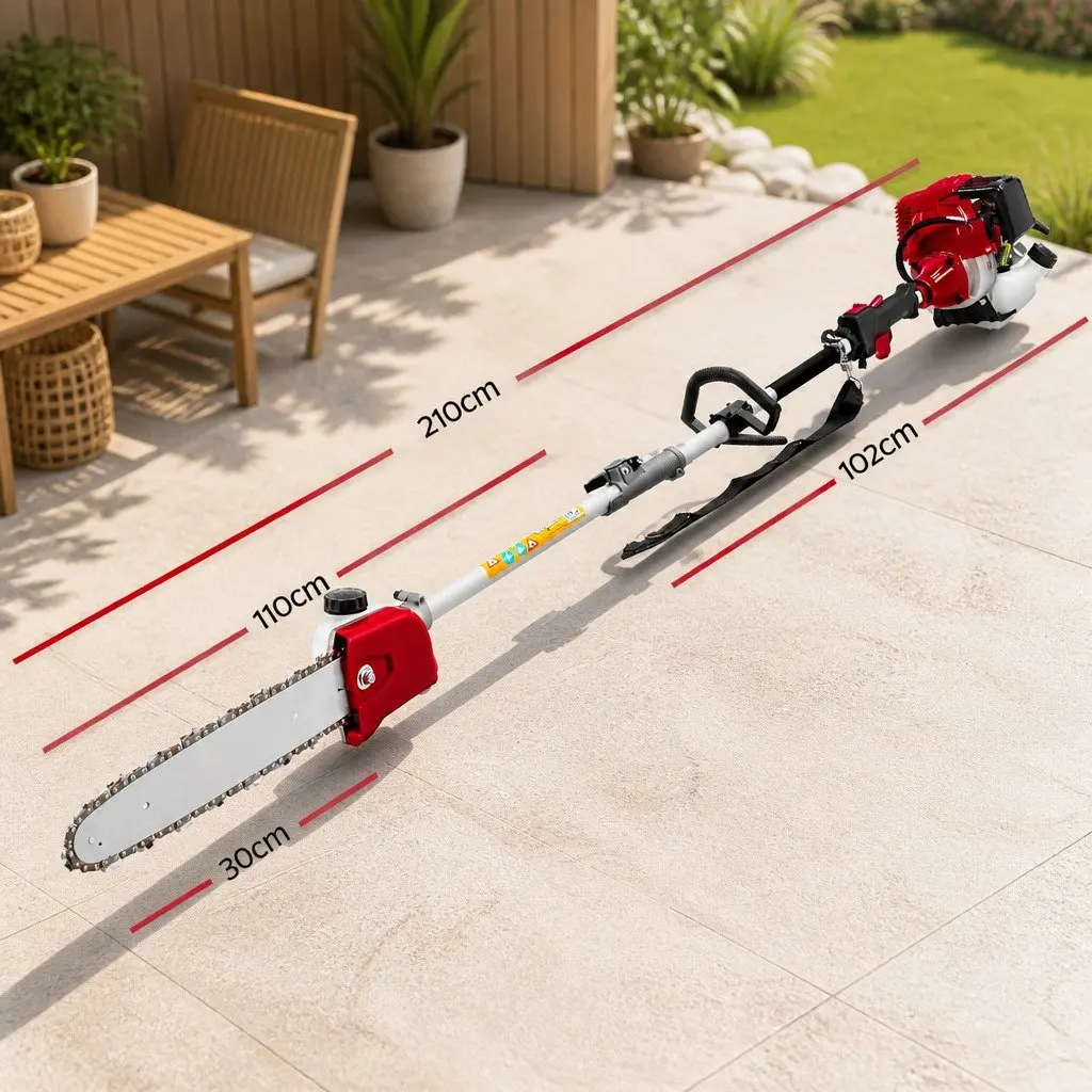 4 Stroke Pole Chainsaw 12 Inch Tree Pruner Hedge Trimmer Red 7 in 1