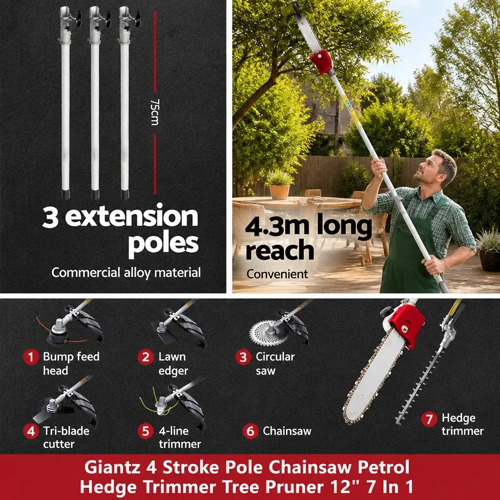4 Stroke Pole Chainsaw 12 Inch Tree Pruner Hedge Trimmer Red 7 in 1