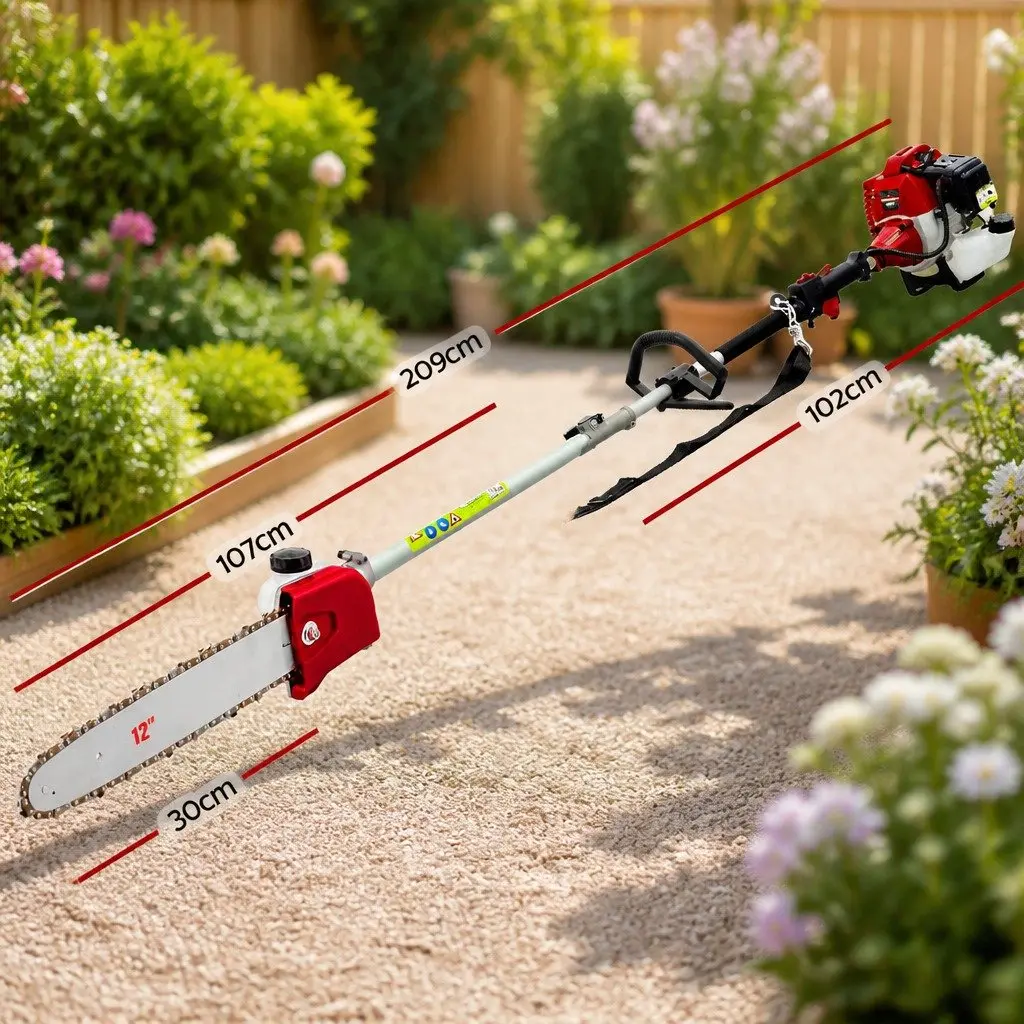 Pole Chainsaw 52cc Petrol Tree Pruner 12 Inch Long Reach Garden Tool 9 in 1 Red