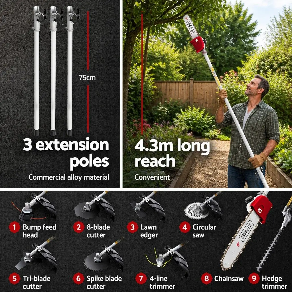 Pole Chainsaw 52cc Petrol Tree Pruner 12 Inch Long Reach Garden Tool 9 in 1 Red